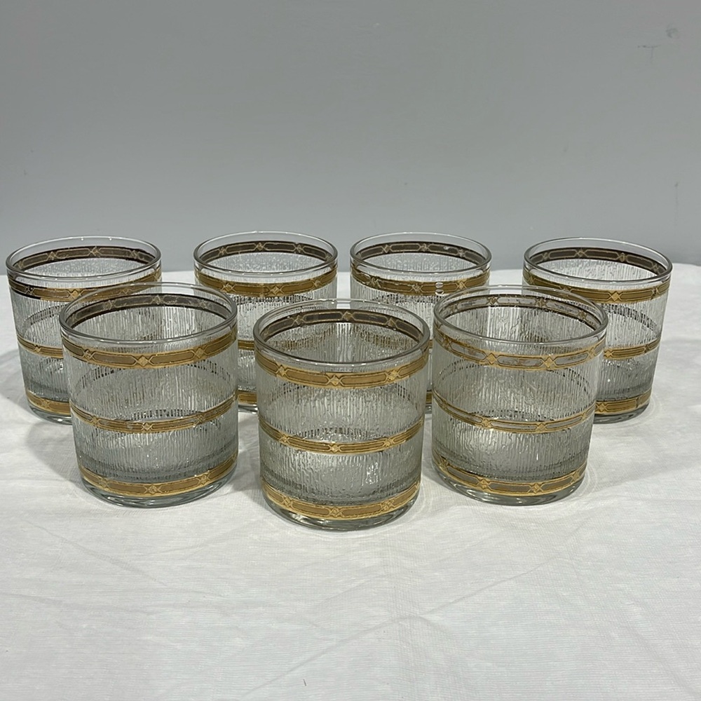 Vintage Culver Rocks Glasses Lowball Icicle Pattern 22K Gold Bands Set of 7